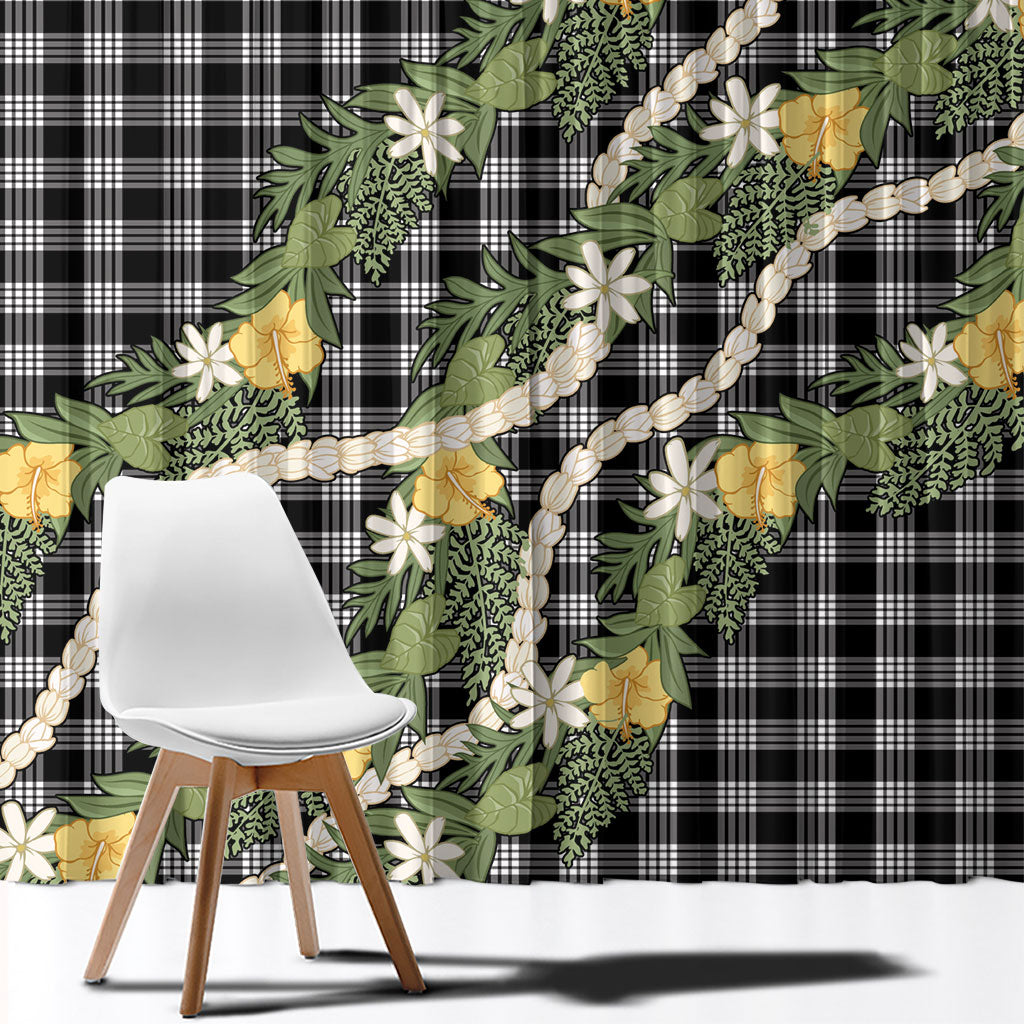 Aloha Puakenikeni Anthurium Pikake Lei Window Curtain Black Hawaiian Palaka Pattern LT9 - Polynesian Pride
