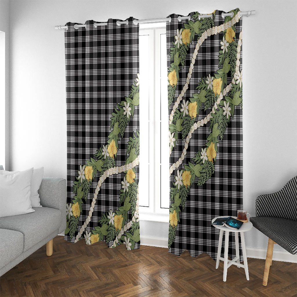 Aloha Puakenikeni Anthurium Pikake Lei Window Curtain Black Hawaiian Palaka Pattern LT9 With Grommets Black - Polynesian Pride