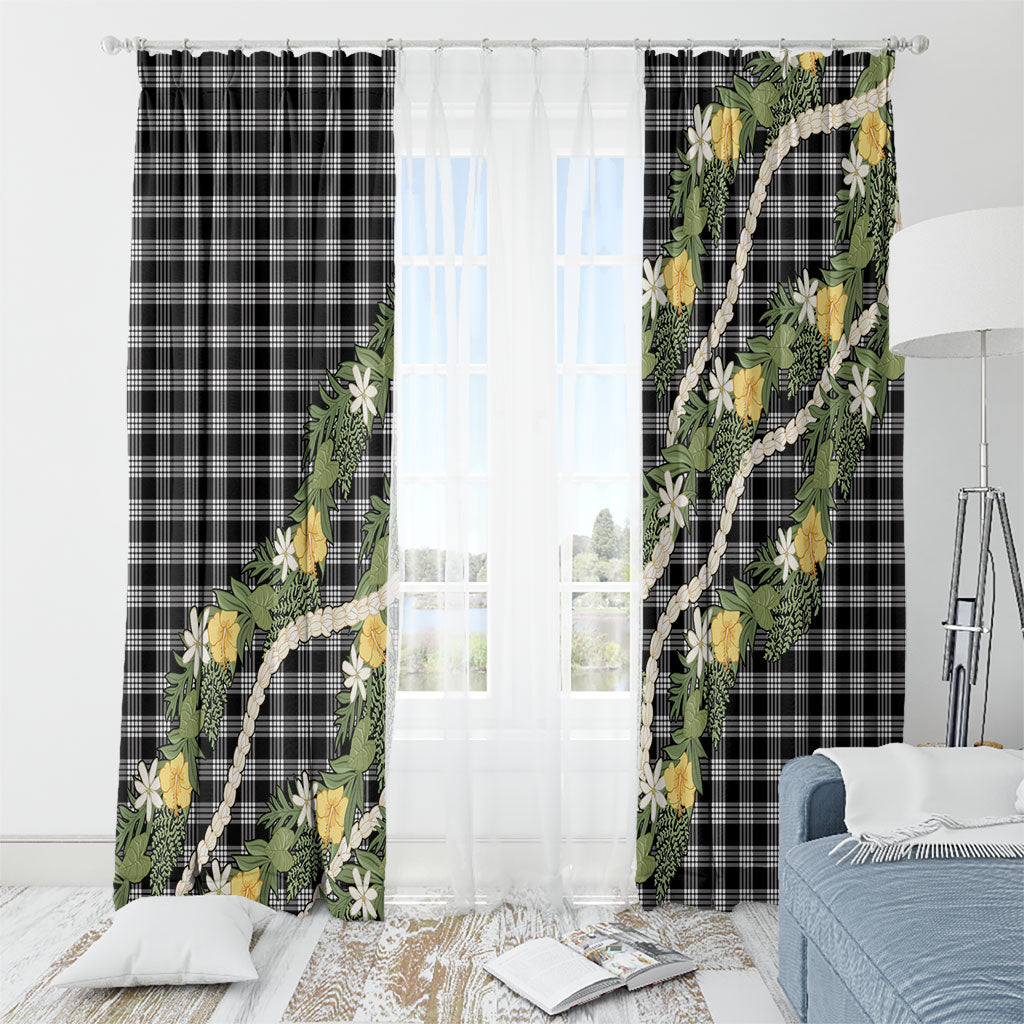 Aloha Puakenikeni Anthurium Pikake Lei Window Curtain Black Hawaiian Palaka Pattern LT9 - Polynesian Pride