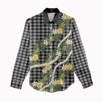 Aloha Puakenikeni Anthurium Pikake Lei Women Casual Shirt Black Hawaiian Palaka Pattern