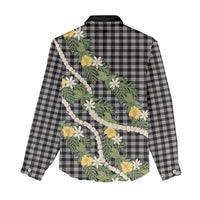 Aloha Puakenikeni Anthurium Pikake Lei Women Casual Shirt Black Hawaiian Palaka Pattern