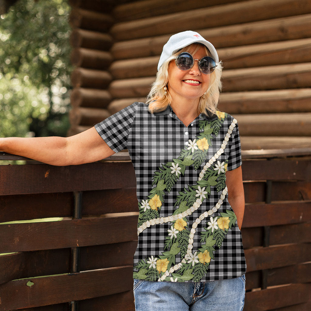 Aloha Puakenikeni Anthurium Pikake Lei Women Polo Shirt Black Hawaiian Palaka Pattern