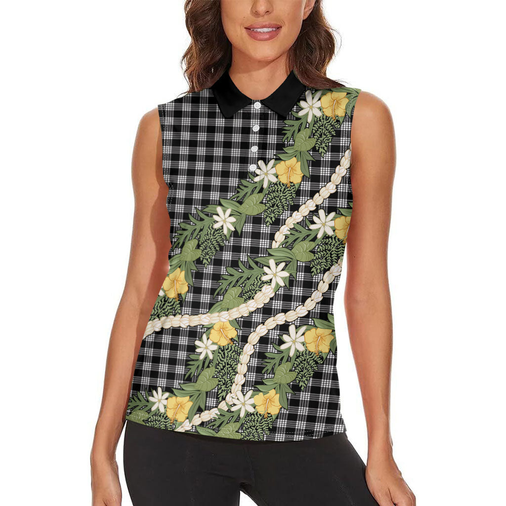 Aloha Puakenikeni Anthurium Pikake Lei Women Sleeveless Polo Shirt Black Hawaiian Palaka Pattern