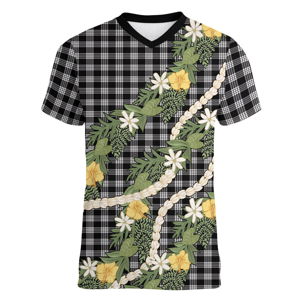 Aloha Puakenikeni Anthurium Pikake Lei Women V-Neck T-Shirt Black Hawaiian Palaka Pattern