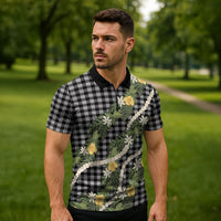 Aloha Puakenikeni Anthurium Pikake Lei Zipper Polo Shirt Black Hawaiian Palaka Pattern
