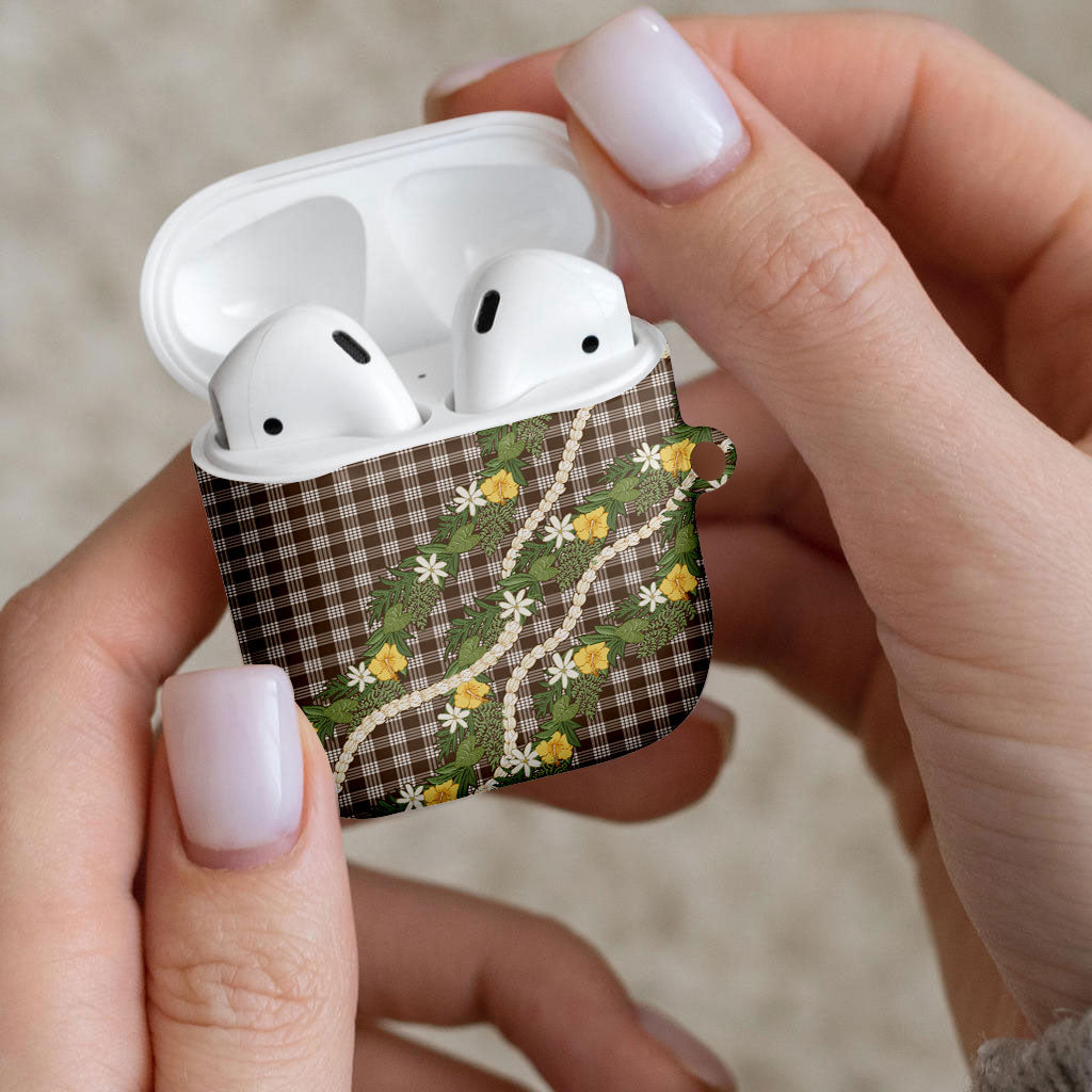 Aloha Puakenikeni Anthurium Pikake Lei AirPods Case Chocolate Hawaiian Palaka Pattern