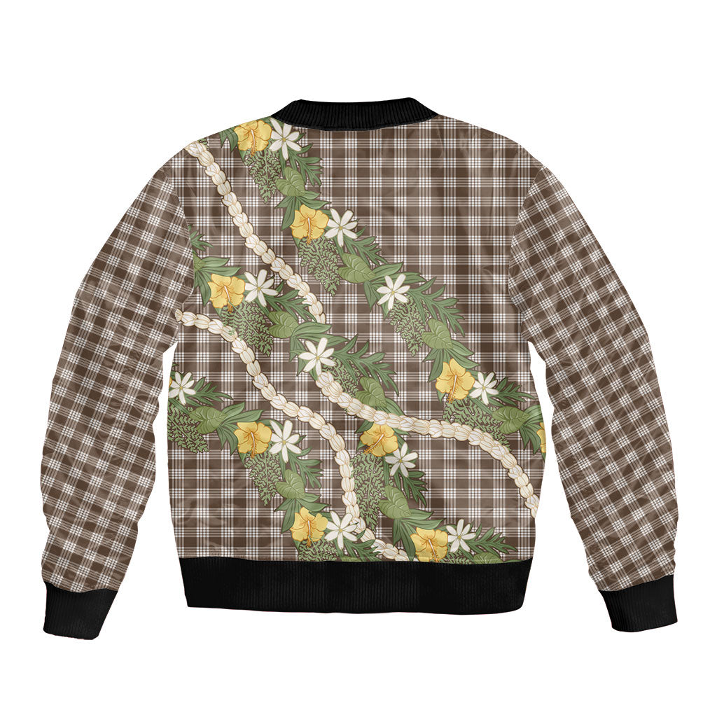 Aloha Puakenikeni Anthurium Pikake Lei Bomber Jacket Chocolate Hawaiian Palaka Pattern