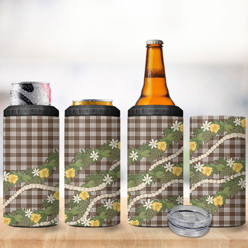 Aloha Puakenikeni Anthurium Pikake Lei 4 in 1 Can Cooler Tumbler Chocolate Hawaiian Palaka Pattern LT9 - Polynesian Pride