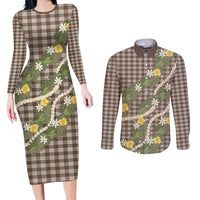 Aloha Puakenikeni Anthurium Pikake Lei Couples Matching Long Sleeve Bodycon Dress and Long Sleeve Button Shirt Chocolate Hawaiian Palaka Pattern