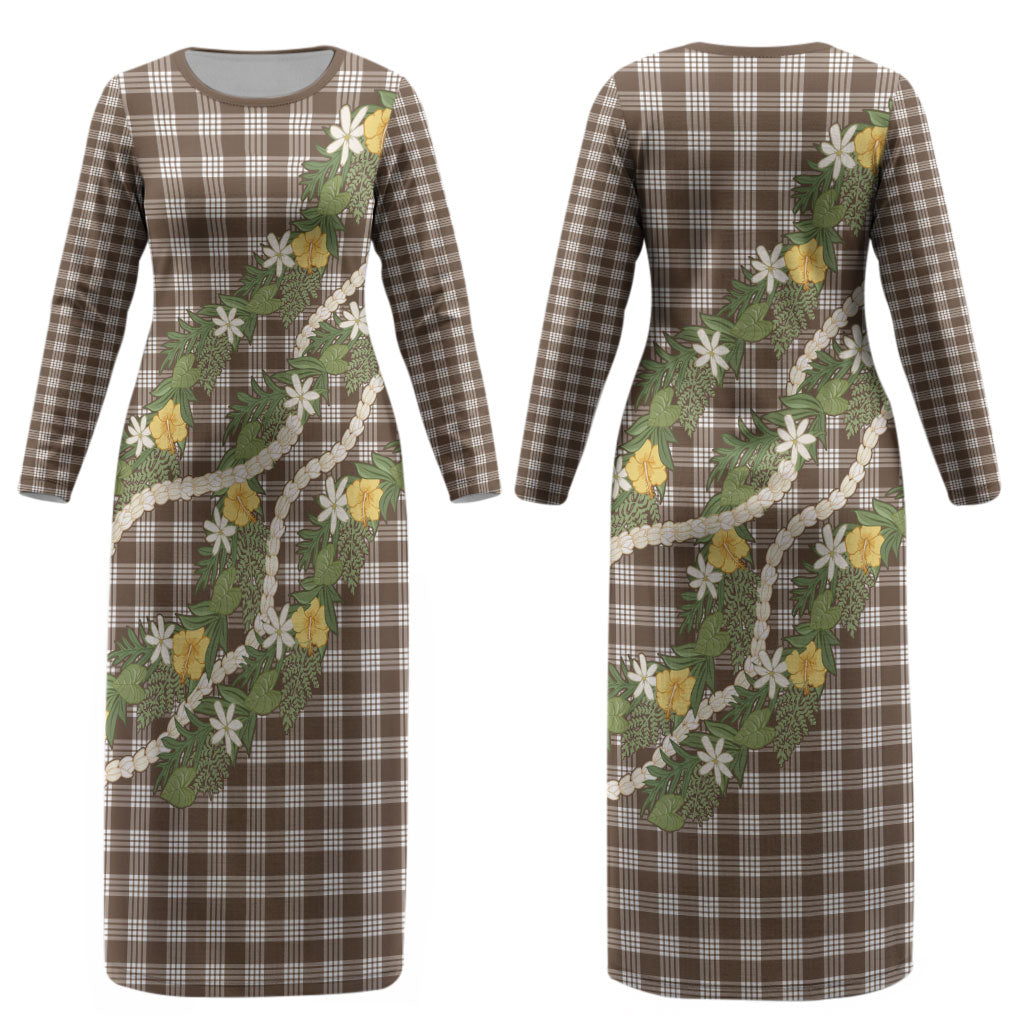 Aloha Puakenikeni Anthurium Pikake Lei Couples Matching Long Sleeve Bodycon Dress and Long Sleeve Button Shirt Chocolate Hawaiian Palaka Pattern LT9 - Polynesian Pride