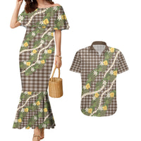 Aloha Puakenikeni Anthurium Pikake Lei Couples Matching Mermaid Dress and Hawaiian Shirt Chocolate Hawaiian Palaka Pattern