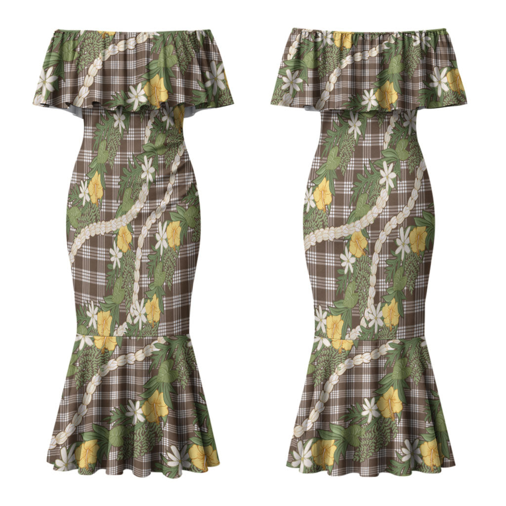Aloha Puakenikeni Anthurium Pikake Lei Couples Matching Mermaid Dress and Long Sleeve Button Shirt Chocolate Hawaiian Palaka Pattern LT9 - Polynesian Pride