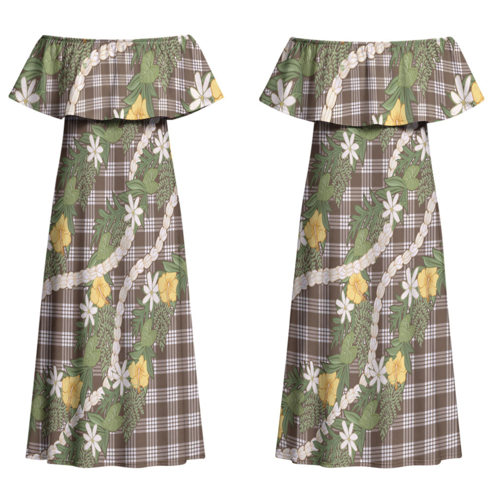 Aloha Puakenikeni Anthurium Pikake Lei Couples Matching Off Shoulder Maxi Dress and Hawaiian Shirt Chocolate Hawaiian Palaka Pattern LT9 - Polynesian Pride