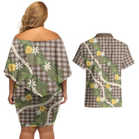 Aloha Puakenikeni Anthurium Pikake Lei Couples Matching Off Shoulder Short Dress and Hawaiian Shirt Chocolate Hawaiian Palaka Pattern