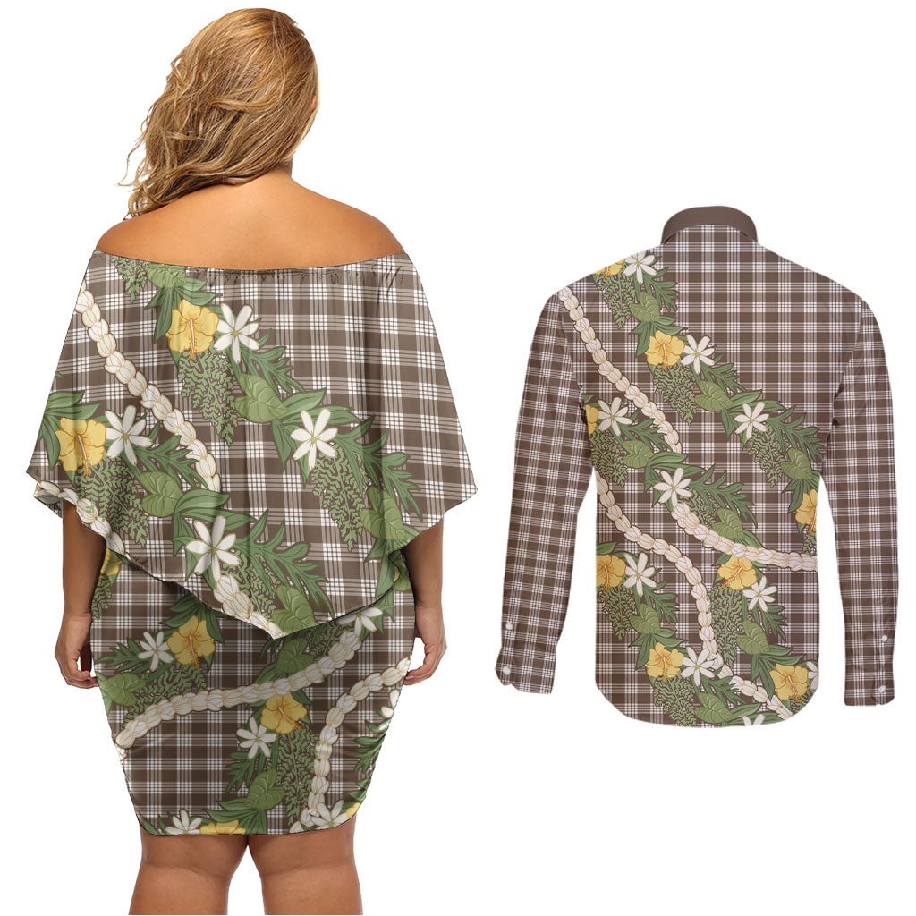 Aloha Puakenikeni Anthurium Pikake Lei Couples Matching Off Shoulder Short Dress and Long Sleeve Button Shirt Chocolate Hawaiian Palaka Pattern