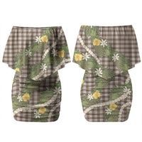 Aloha Puakenikeni Anthurium Pikake Lei Couples Matching Off Shoulder Short Dress and Long Sleeve Button Shirt Chocolate Hawaiian Palaka Pattern LT9 - Polynesian Pride