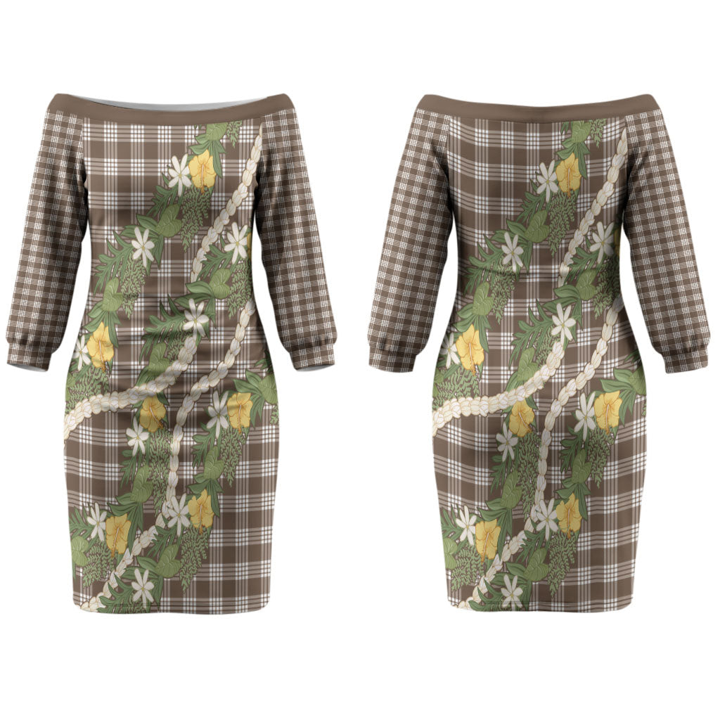 Aloha Puakenikeni Anthurium Pikake Lei Couples Matching Off The Shoulder Long Sleeve Dress and Long Sleeve Button Shirt Chocolate Hawaiian Palaka Pattern LT9 - Polynesian Pride