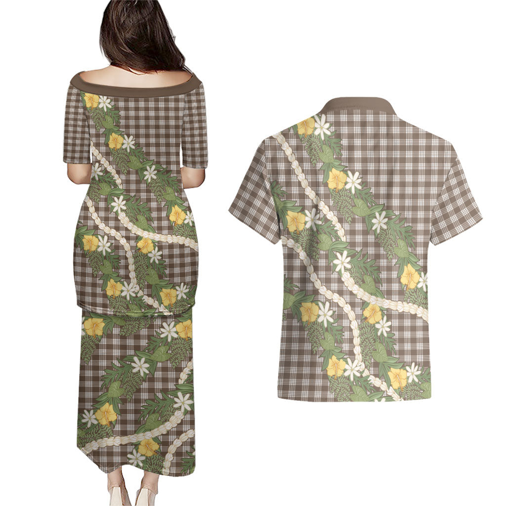 Aloha Puakenikeni Anthurium Pikake Lei Couples Matching Puletasi and Hawaiian Shirt Chocolate Hawaiian Palaka Pattern