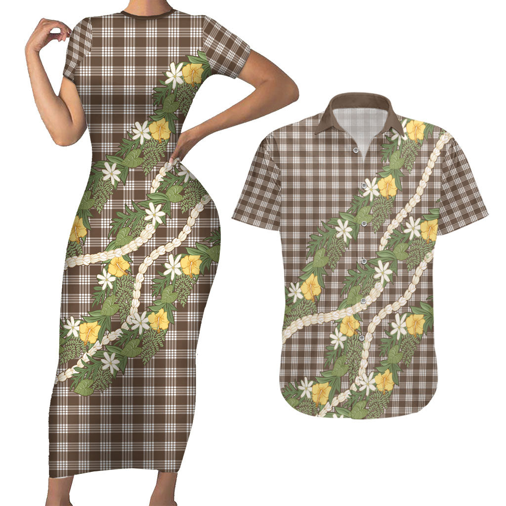 Aloha Puakenikeni Anthurium Pikake Lei Couples Matching Short Sleeve Bodycon Dress and Hawaiian Shirt Chocolate Hawaiian Palaka Pattern