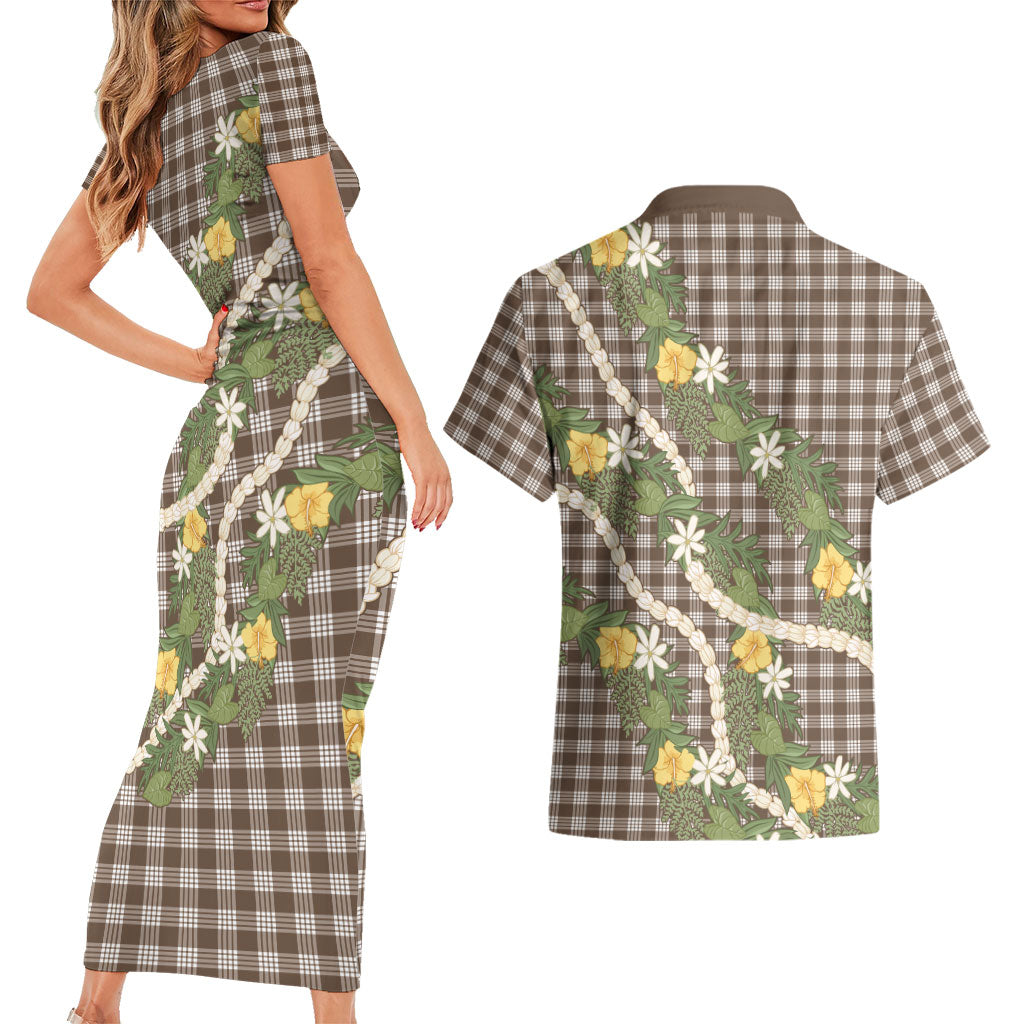 Aloha Puakenikeni Anthurium Pikake Lei Couples Matching Short Sleeve Bodycon Dress and Hawaiian Shirt Chocolate Hawaiian Palaka Pattern