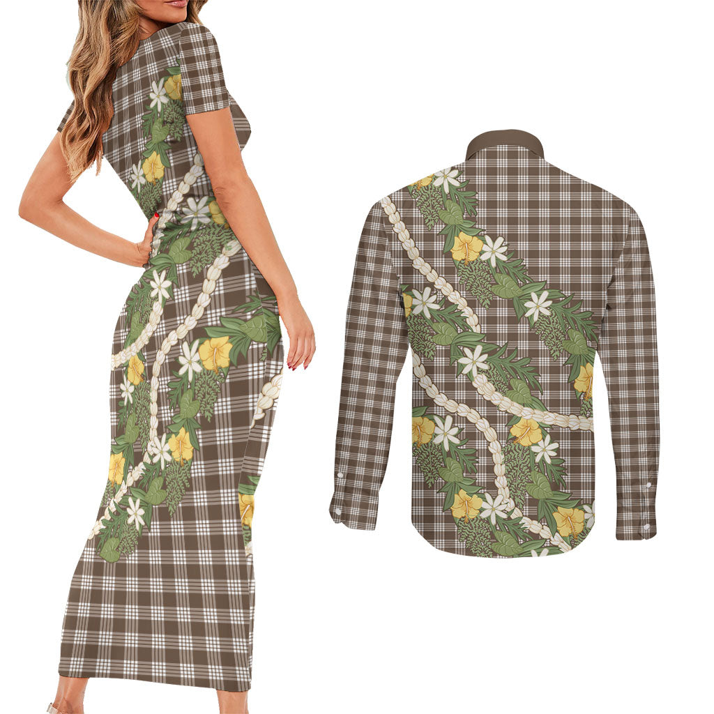 Aloha Puakenikeni Anthurium Pikake Lei Couples Matching Short Sleeve Bodycon Dress and Long Sleeve Button Shirt Chocolate Hawaiian Palaka Pattern