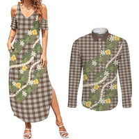 Aloha Puakenikeni Anthurium Pikake Lei Couples Matching Summer Maxi Dress and Long Sleeve Button Shirt Chocolate Hawaiian Palaka Pattern