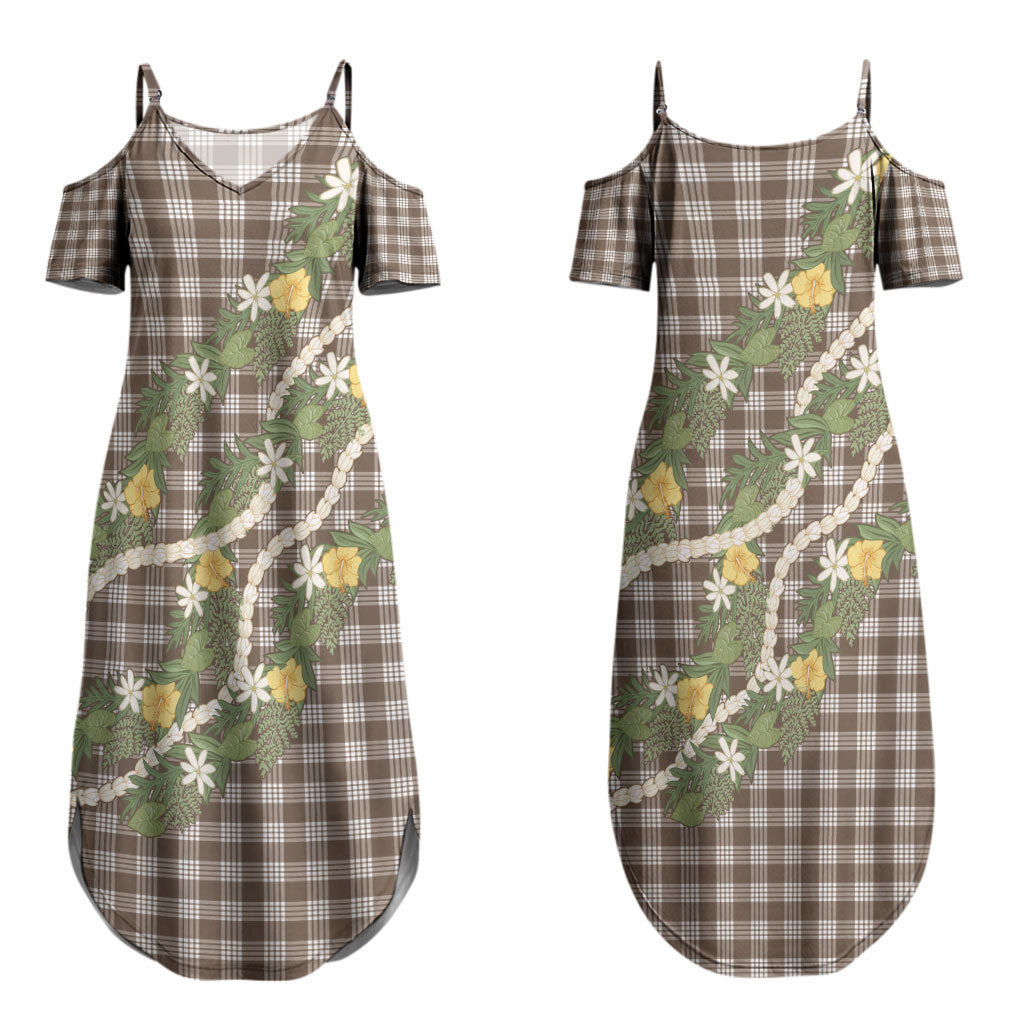 Aloha Puakenikeni Anthurium Pikake Lei Couples Matching Summer Maxi Dress and Long Sleeve Button Shirt Chocolate Hawaiian Palaka Pattern LT9 - Polynesian Pride