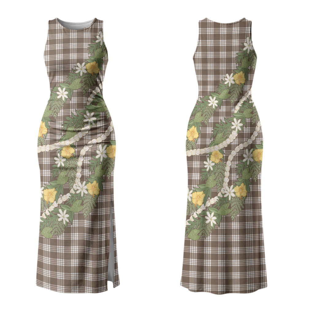 Aloha Puakenikeni Anthurium Pikake Lei Couples Matching Tank Maxi Dress and Long Sleeve Button Shirt Chocolate Hawaiian Palaka Pattern LT9 - Polynesian Pride