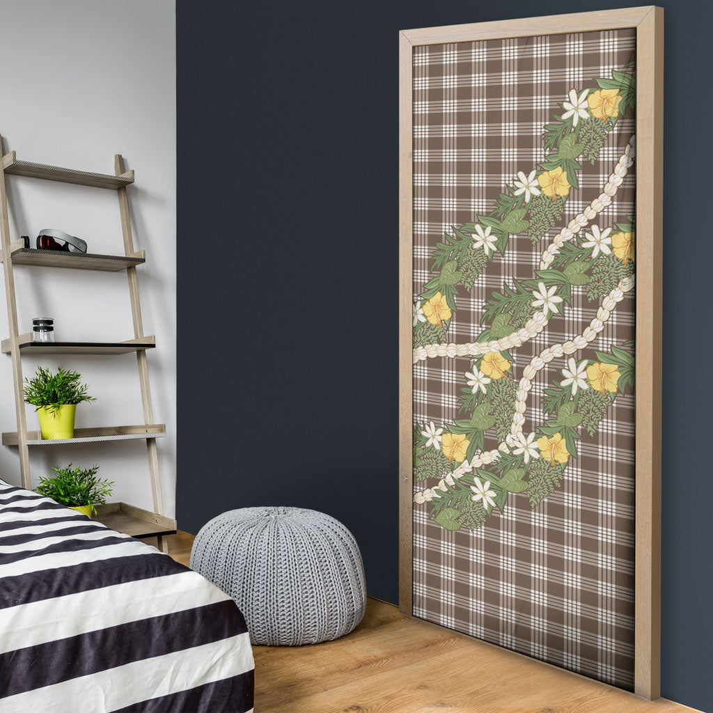 Aloha Puakenikeni Anthurium Pikake Lei Door Cover Chocolate Hawaiian Palaka Pattern