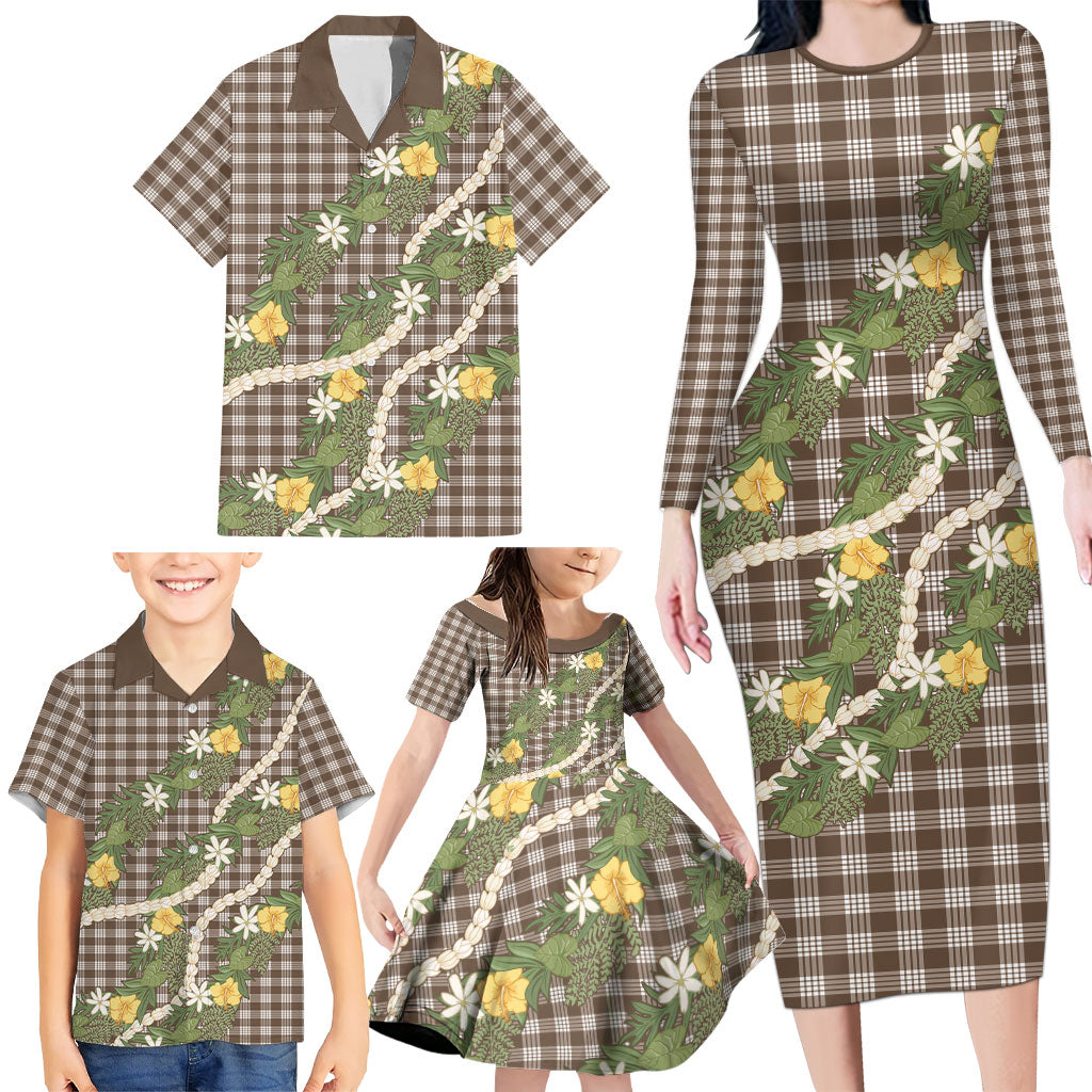 Aloha Puakenikeni Anthurium Pikake Lei Family Matching Long Sleeve Bodycon Dress and Hawaiian Shirt Chocolate Hawaiian Palaka Pattern