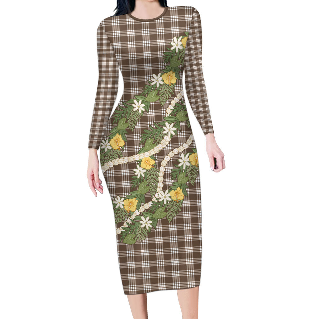 Aloha Puakenikeni Anthurium Pikake Lei Family Matching Long Sleeve Bodycon Dress and Hawaiian Shirt Chocolate Hawaiian Palaka Pattern