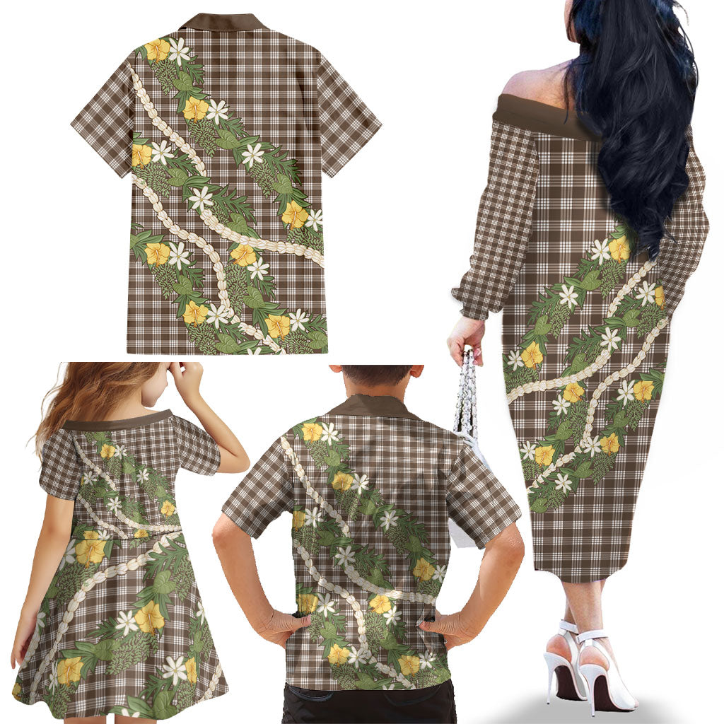 Aloha Puakenikeni Anthurium Pikake Lei Family Matching Off The Shoulder Long Sleeve Dress and Hawaiian Shirt Chocolate Hawaiian Palaka Pattern
