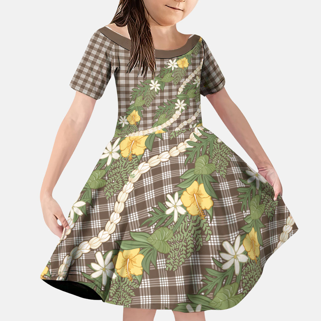 Aloha Puakenikeni Anthurium Pikake Lei Family Matching Off Shoulder Maxi Dress and Hawaiian Shirt Chocolate Hawaiian Palaka Pattern