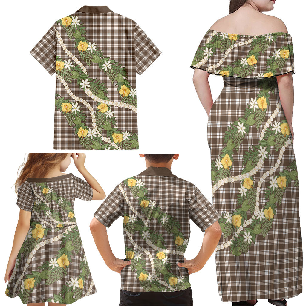 Aloha Puakenikeni Anthurium Pikake Lei Family Matching Off Shoulder Maxi Dress and Hawaiian Shirt Chocolate Hawaiian Palaka Pattern
