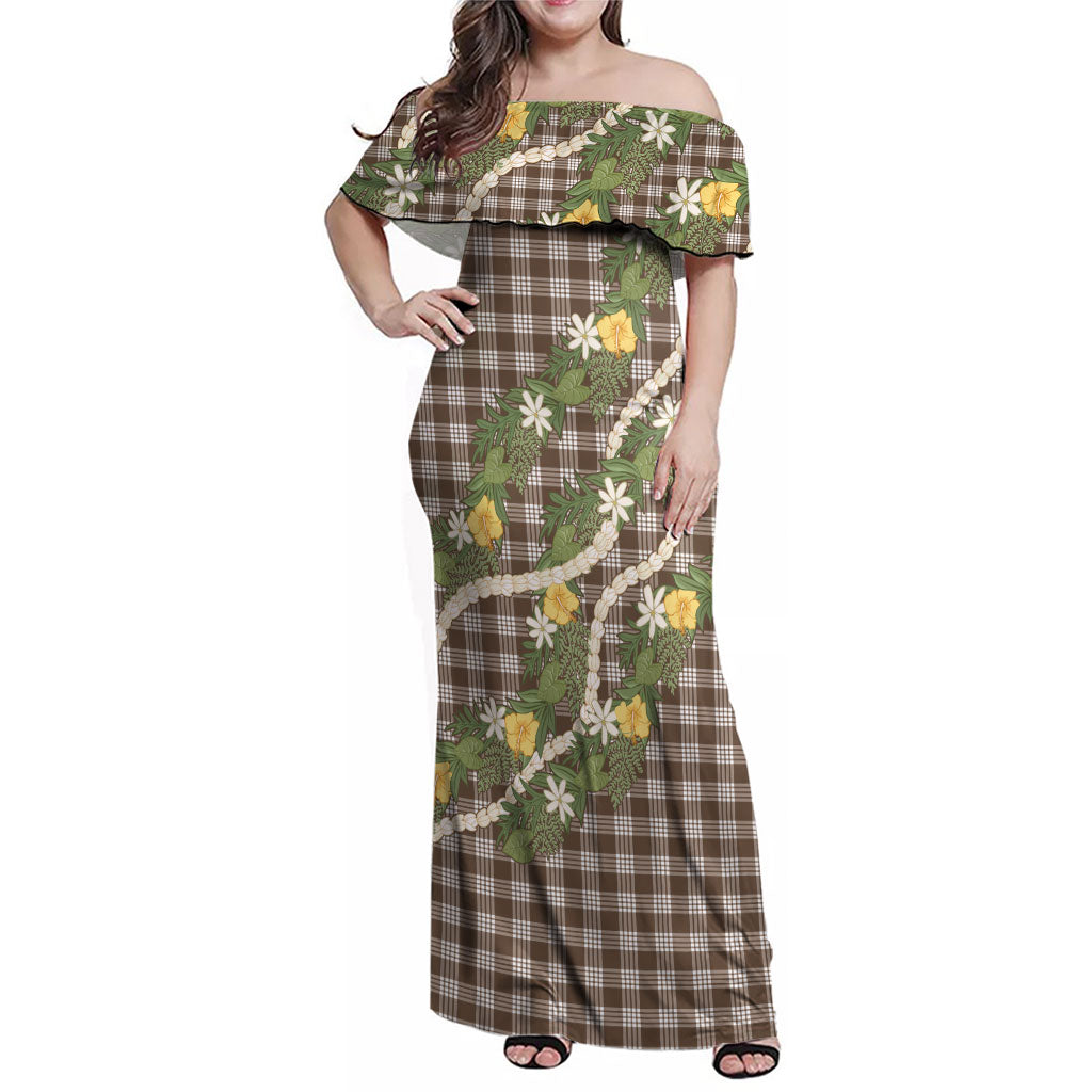 Aloha Puakenikeni Anthurium Pikake Lei Family Matching Off Shoulder Maxi Dress and Hawaiian Shirt Chocolate Hawaiian Palaka Pattern