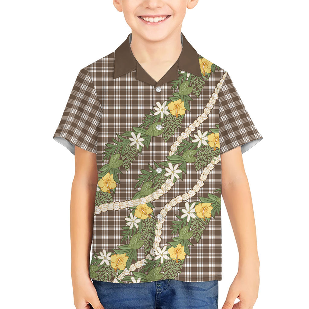 Aloha Puakenikeni Anthurium Pikake Lei Family Matching Off Shoulder Short Dress and Hawaiian Shirt Chocolate Hawaiian Palaka Pattern