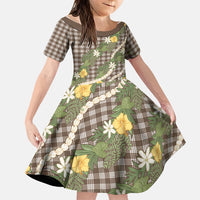 Aloha Puakenikeni Anthurium Pikake Lei Family Matching Short Sleeve Bodycon Dress and Hawaiian Shirt Chocolate Hawaiian Palaka Pattern