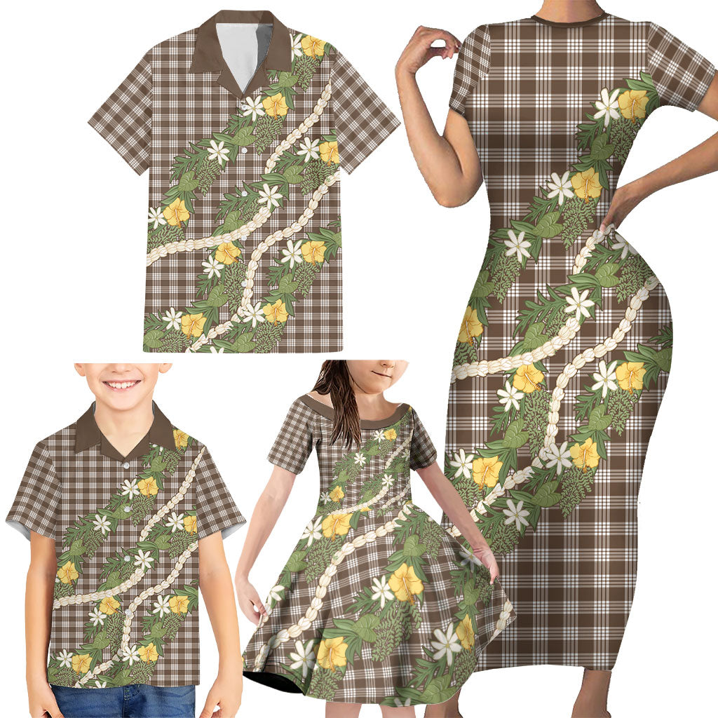 Aloha Puakenikeni Anthurium Pikake Lei Family Matching Short Sleeve Bodycon Dress and Hawaiian Shirt Chocolate Hawaiian Palaka Pattern