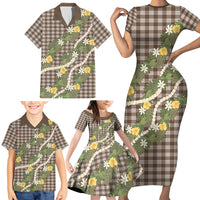Aloha Puakenikeni Anthurium Pikake Lei Family Matching Short Sleeve Bodycon Dress and Hawaiian Shirt Chocolate Hawaiian Palaka Pattern