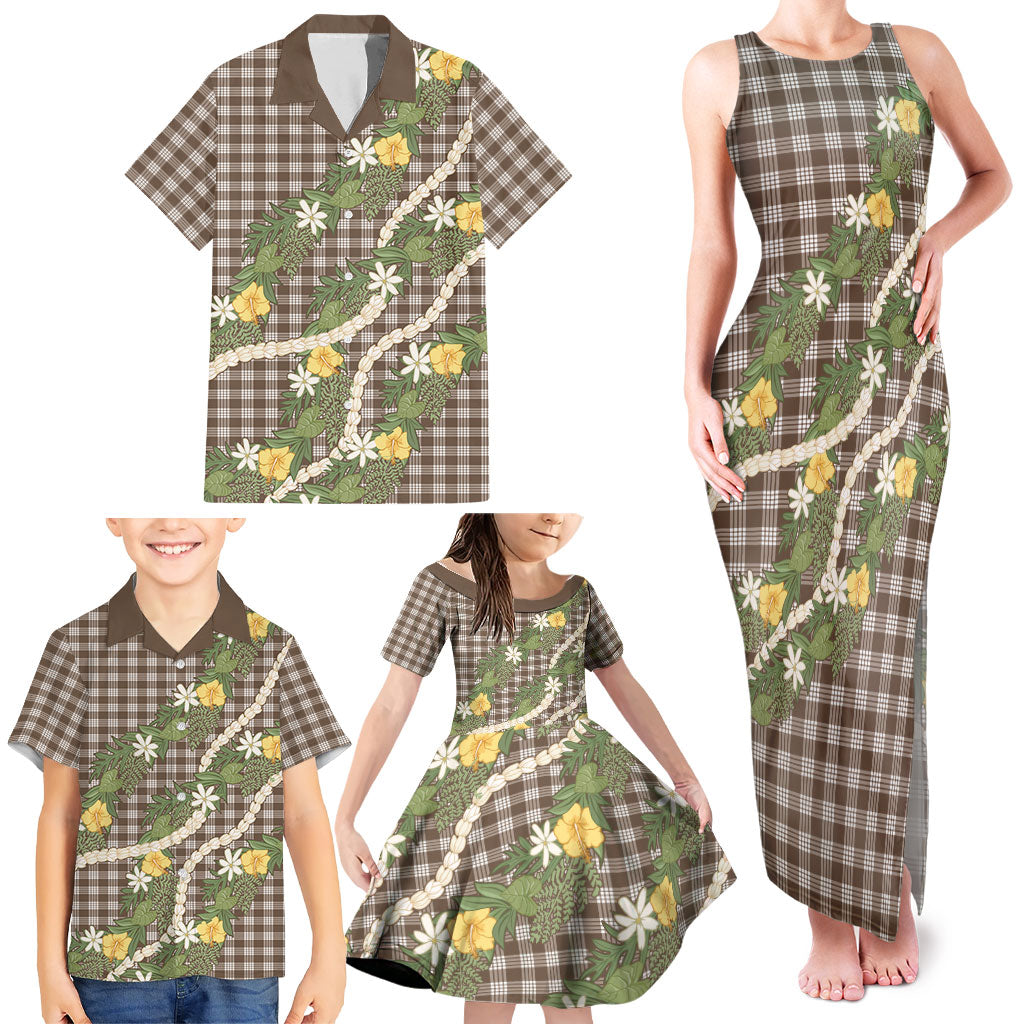 Aloha Puakenikeni Anthurium Pikake Lei Family Matching Tank Maxi Dress and Hawaiian Shirt Chocolate Hawaiian Palaka Pattern