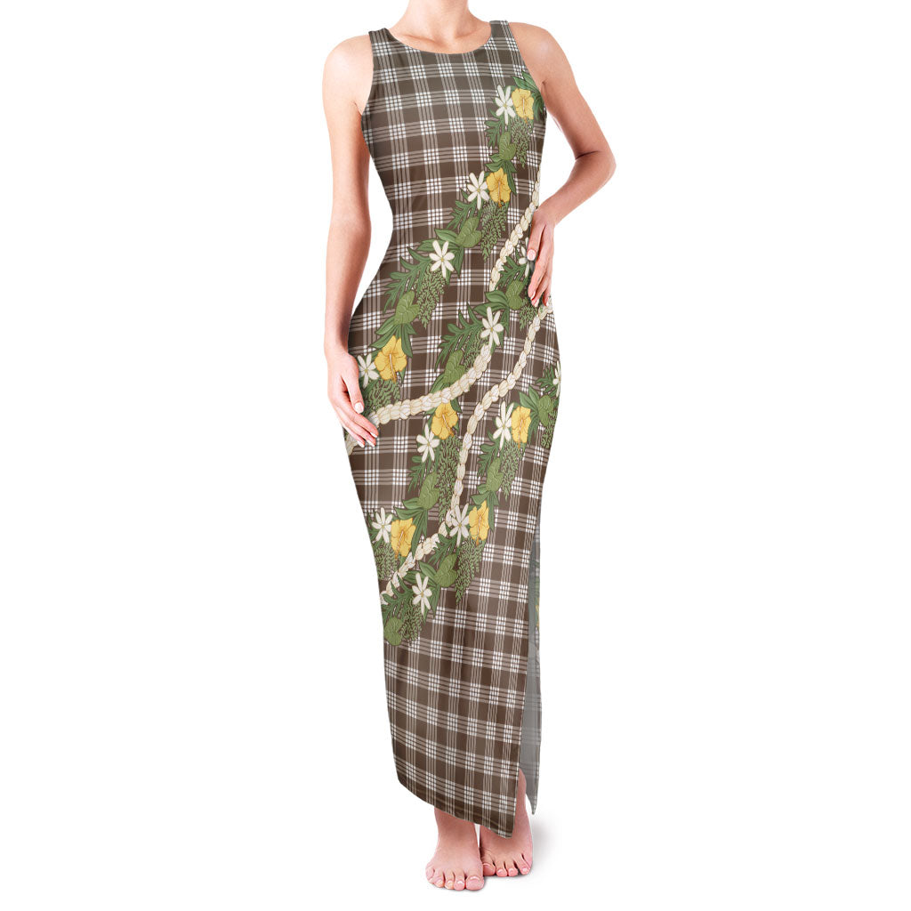 Aloha Puakenikeni Anthurium Pikake Lei Family Matching Tank Maxi Dress and Hawaiian Shirt Chocolate Hawaiian Palaka Pattern