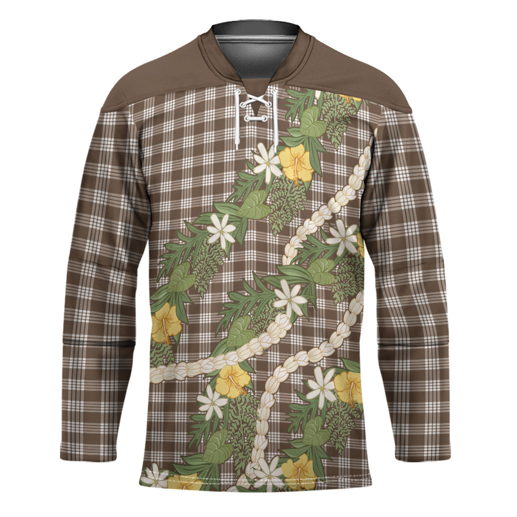 Aloha Puakenikeni Anthurium Pikake Lei Hockey Jersey Chocolate Hawaiian Palaka Pattern LT9 Unisex Chocolate - Polynesian Pride
