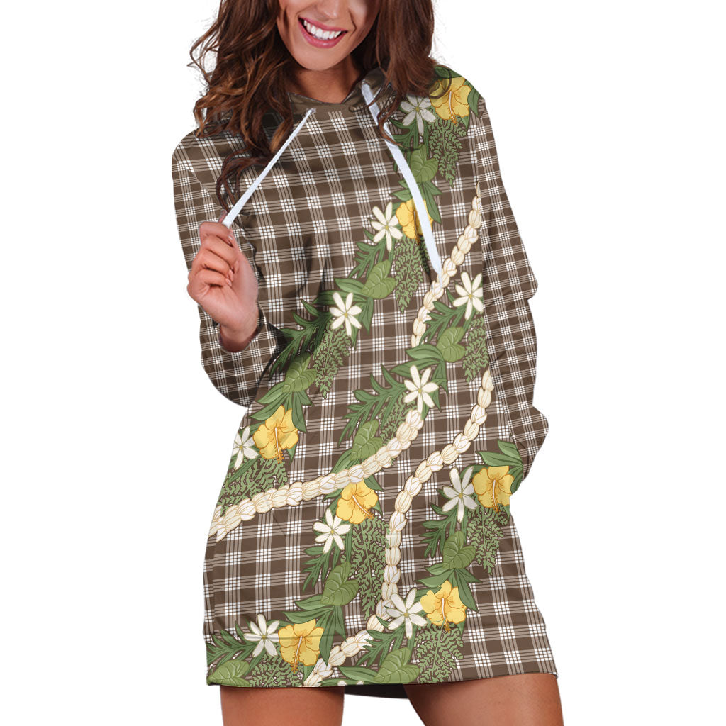 Aloha Puakenikeni Anthurium Pikake Lei Hoodie Dress Chocolate Hawaiian Palaka Pattern