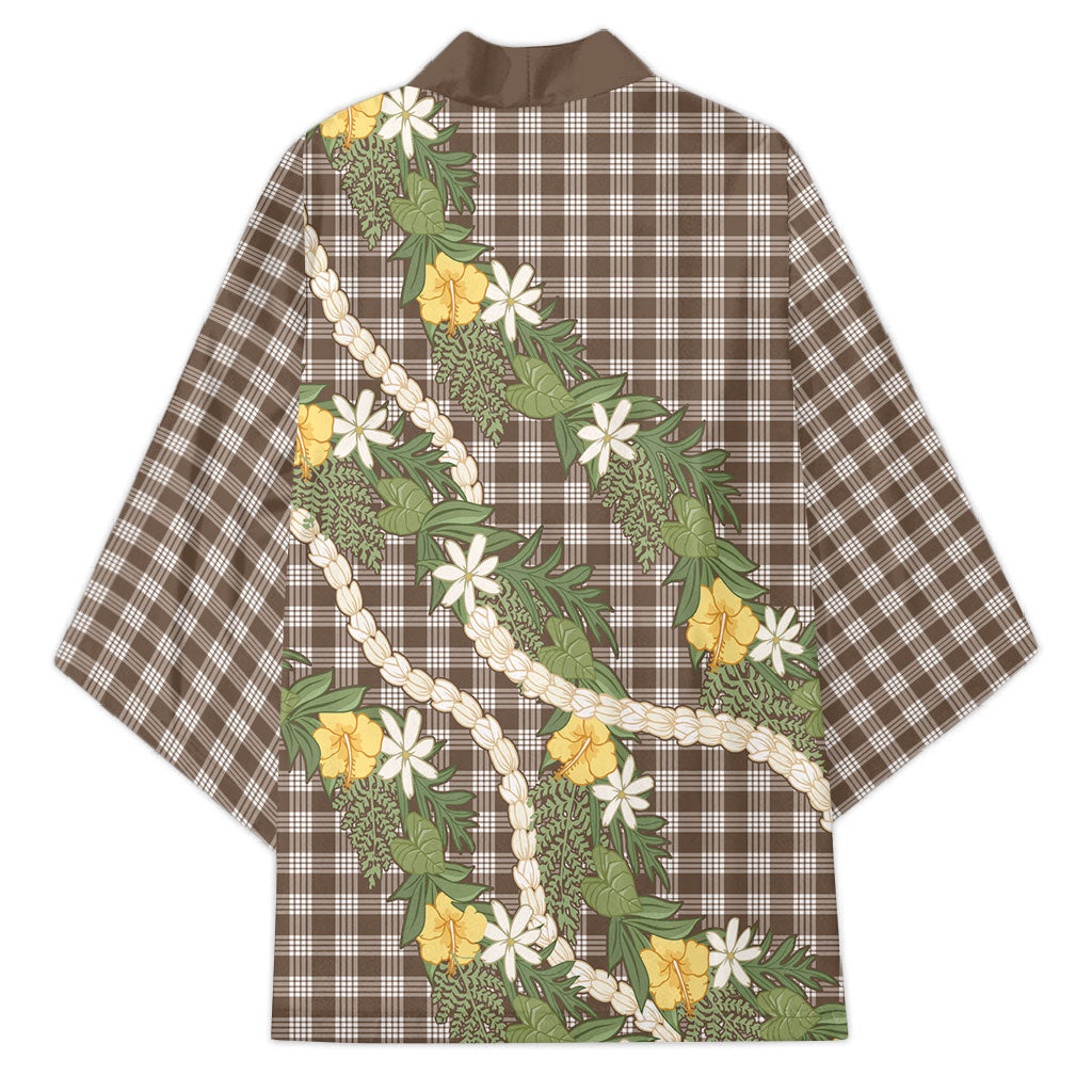 Aloha Puakenikeni Anthurium Pikake Lei Kimono Chocolate Hawaiian Palaka Pattern LT9 - Polynesian Pride