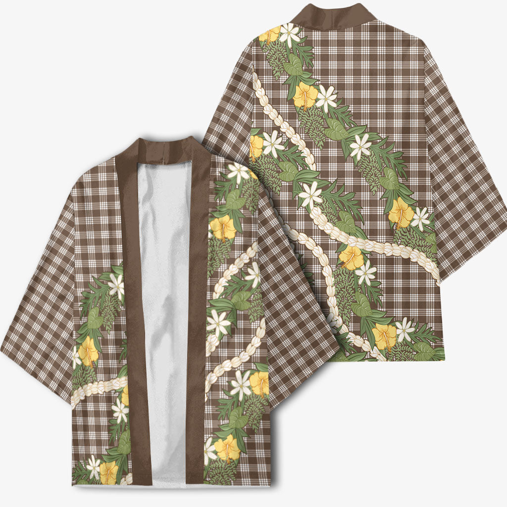 Aloha Puakenikeni Anthurium Pikake Lei Kimono Chocolate Hawaiian Palaka Pattern LT9 - Polynesian Pride