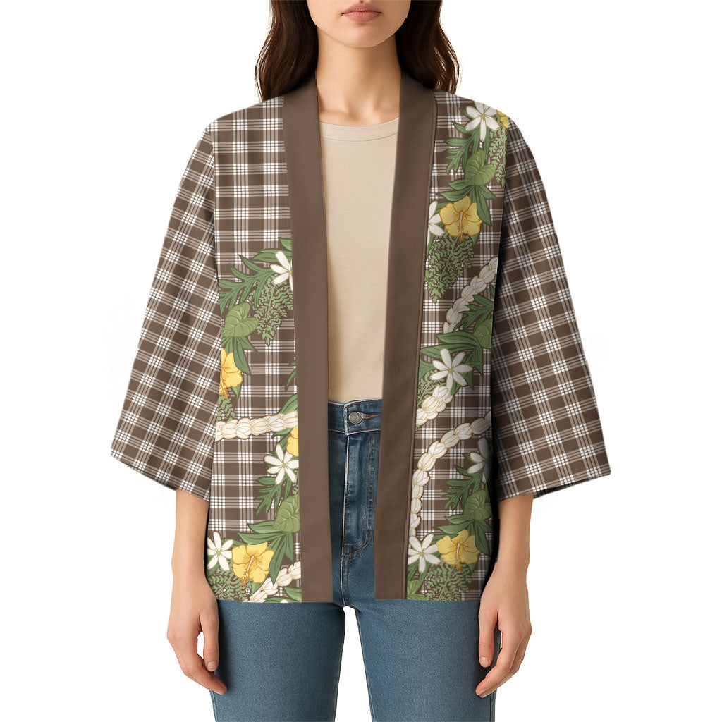 Aloha Puakenikeni Anthurium Pikake Lei Kimono Chocolate Hawaiian Palaka Pattern LT9 - Polynesian Pride
