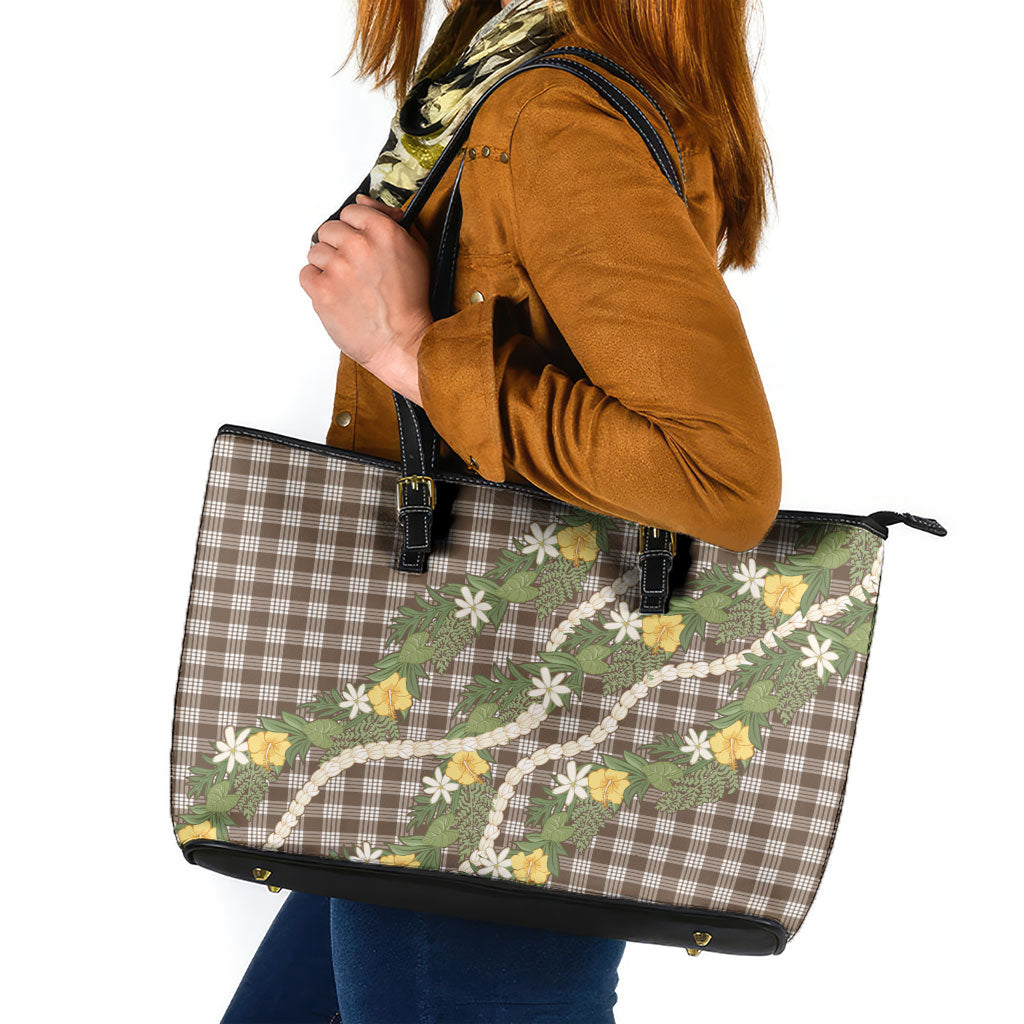 Aloha Puakenikeni Anthurium Pikake Lei Leather Tote Bag Chocolate Hawaiian Palaka Pattern LT9 Chocolate - Polynesian Pride