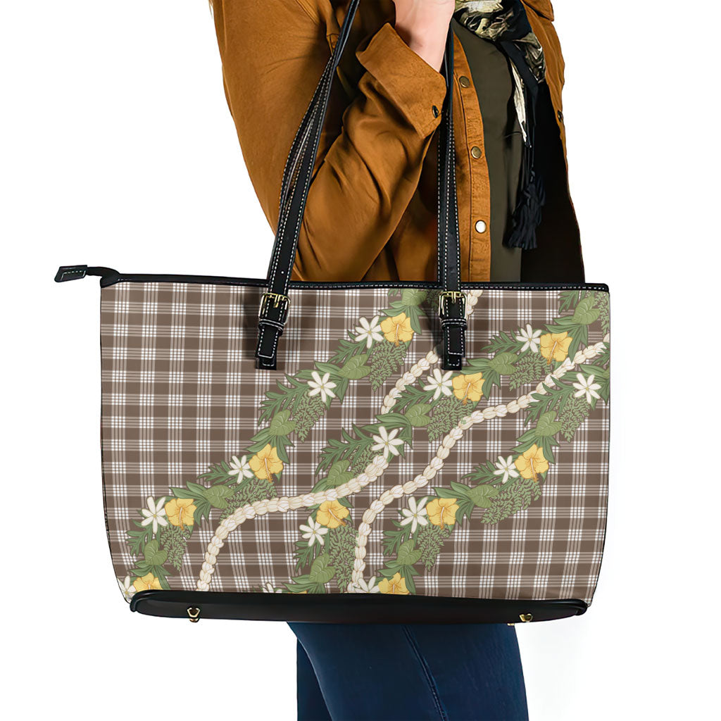 Aloha Puakenikeni Anthurium Pikake Lei Leather Tote Bag Chocolate Hawaiian Palaka Pattern LT9 - Polynesian Pride