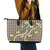 Aloha Puakenikeni Anthurium Pikake Lei Leather Tote Bag Chocolate Hawaiian Palaka Pattern LT9 - Polynesian Pride