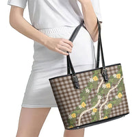 Aloha Puakenikeni Anthurium Pikake Lei Leather Tote Bag Chocolate Hawaiian Palaka Pattern LT9 - Polynesian Pride